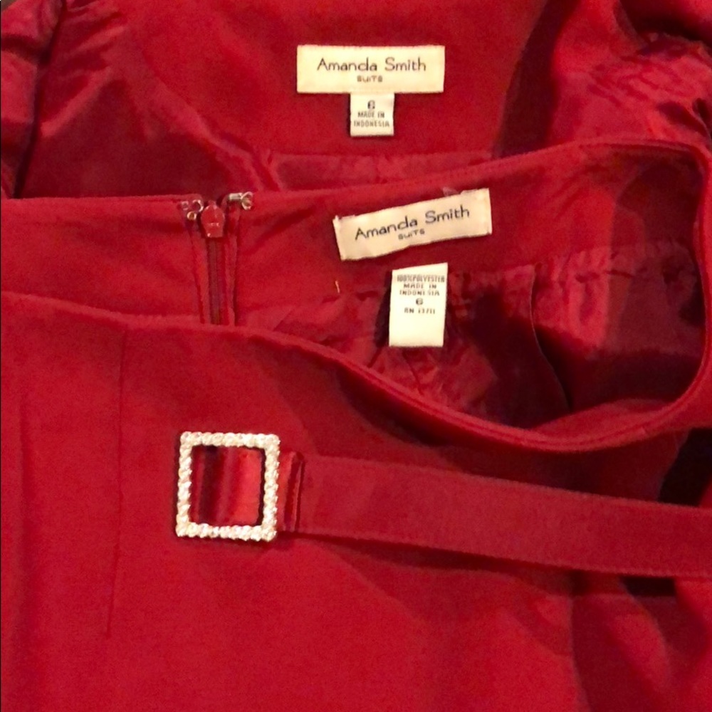 Red skirt suit with rhinestone belt